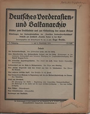 Imagen del vendedor de Deutsches Vorderasien- und Balkanarchiv. Bltter zum Verstndnis u. zur Erkundung des neuen Orients; Mitteilungen des Vorderasieninstituts der Deutschen Vorderasien-Gesellschaft. 2.Jahrgang, 1. u. 2. Vierteljahr 1918. 1/2.Heft (apart). a la venta por Brbel Hoffmann