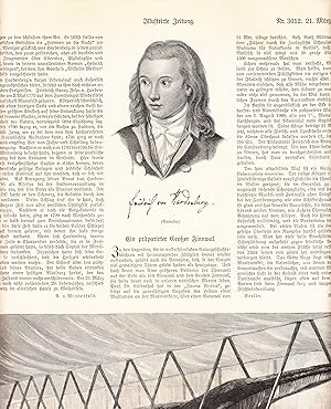 Seller image for Schriftsteller, Philosoph und Bergbauingenieur, geb. am 2. Mai 1772 auf dem Gut Wiederstedt, gest. am 25. Mrz 1801 in Weienfels. Brustbild mit einem Artikel "Friedrich Georg Frhr. v. Hardenberg. Zur 100. Wiederkehr seines Todestages" auf 2 Seiten. for sale by Antiquariat Hild