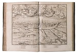 Image du vendeur pour Descrittione . di tutti i Paesi Bassi, altrimenti detti Germania Inferiore.Antwerp, Willem Silvius, 1567. Folio. With the title, the large coat of arms of Philip II, and his portrait set within a woodcut architectural frame with allegorical figures on separate pages, 5 double-page woodcut maps (including 1 folding), 4 double-page woodcut views of cities, 6 double-page woodcut plans of cities, and 2 double-page illustrations of buildings (1 woodcut, 1 engraved). Further with 15 woodcut divisional title-pages for the illustrations and descriptions of the regions and cities set within a woodcut ornamental frame and numerous woodcut decorated initials (at least 4 series) Later overlapping vellum, sewn on 3 parchment tapes laced through the joints. mis en vente par ASHER Rare Books