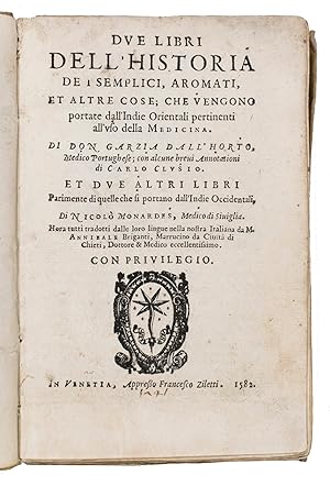 Imagen del vendedor de Due libri dell'historia de i semplici aromati.Venice, Francesco Ziletti, 1582. 8vo. With a woodcut printer's device on the title-page, 17 woodcut illustratons in text and numerous woodcut decorated initials (at least 4 series). 18th-century limp parchment, sewn on 2 leather supports, laced through the joints. a la venta por Antiquariaat FORUM BV