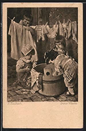 Bild des Verkufers fr Knstler-Ansichtskarte Hermann Kaulbach: Kinder hngen Wsche auf zum Verkauf von Bartko-Reher