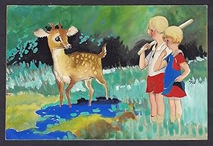 Bild des Verkufers fr (Zwei kleine Mdchen mit Reh im Wald / Two small girls with a deer in the forest) zum Verkauf von Antiquariat Steffen Vlkel GmbH