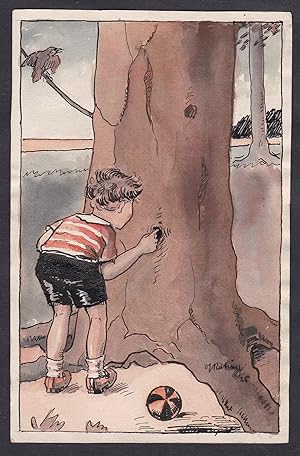 Bild des Verkufers fr (Ein kleiner Junge sucht in einem Baumloch nach etwas / A little boy is looking for something in a tree hole) zum Verkauf von Antiquariat Steffen Vlkel GmbH