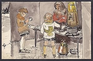 Bild des Verkufers fr (Zwei Kinder am Kaffee / Two children having coffee) / Kakao cocoa / Stand zum Verkauf von Antiquariat Steffen Vlkel GmbH