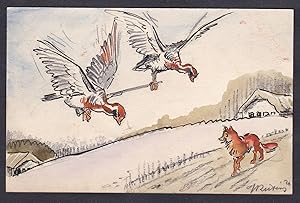 Bild des Verkufers fr (Zwei Gnse tragen ein Gewehr in der Luft, unten luft ein Fuchs / Two geese carrying a weapong, a fox on the ground) zum Verkauf von Antiquariat Steffen Vlkel GmbH