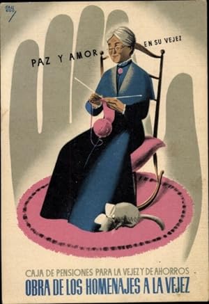 Künstler Ansichtskarte / Postkarte Spanien, Pensions- und Rentenkasse, strickende alte Frau im Sc...