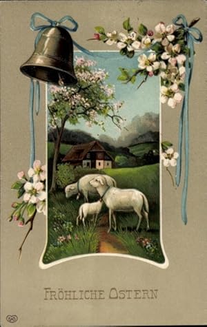 Präge Ansichtskarte / Postkarte Glückwunsch Ostern, Lämmer, Glocke, Blumen