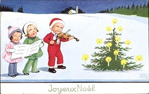Künstler Ansichtskarte / Postkarte Wills, J., Glückwunsch Weihnachten, Musizierende Kinder, Tanne...