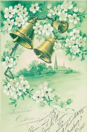 Glitzer Litho Glückwunsch Ostern, Glocken, Blumen