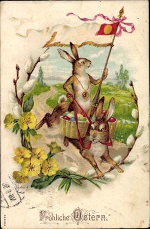 Ansichtskarte / Postkarte Glückwunsch Ostern, Osterhasen, Weidenkätzchen