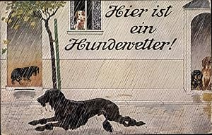 Künstler Ansichtskarte / Postkarte Hier ist ein Hundewetter, Hunde im Regen, Dackel
