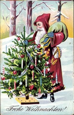 Ansichtskarte / Postkarte Frohe Weihnachten, Weihnachtsmann, Tanne, Geschenke