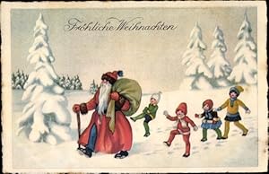 Ansichtskarte / Postkarte Frohe Weihnachten, Weihnachtsmann, Geschenksack, Kinder