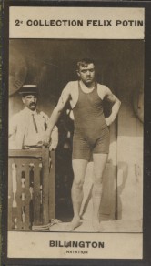 Bild des Verkufers fr Photographie de la collection Flix Potin (4 x 7,5 cm) reprsentant : David Billington, champion du monde de natation. Dbut XXe. Vers 1900. zum Verkauf von Librairie Et Ctera (et caetera) - Sophie Rosire