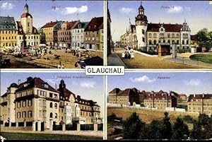 Ansichtskarte / Postkarte Glauchau in Sachsen, Markt, Postamt, Städtisches Krankenhaus, Kaserne