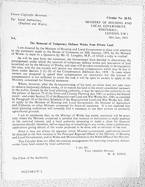 Seller image for The Removal of Temporary Defence Works from Private Land Circular No.28/53 24HMSOth June, 1953 AND WRITTEN PARLIAMENTARY ANSWER (Hansard. Vol.510. No.43 30th January, 1953) for sale by Shore Books