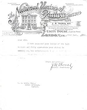 Image du vendeur pour [J. H. Thomas, Welsh trade unionist and Labour politician.] Typed Note Signed, as General Secretary of the National Union of Railwaymen, to the future Sir W. D. Ross, written on the eve of the 1919 national rail strike. mis en vente par Richard M. Ford Ltd