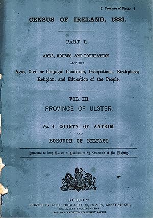 Bild des Verkufers fr Census of Ireland 1881 Part 1 Area, Houses, and Population: Vol III Province of Ulster No. 1 County of Antrim and Borough of Belfast. zum Verkauf von Saintfield Antiques & Fine Books