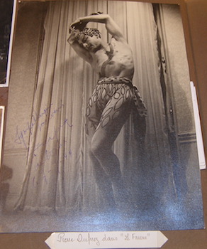 B&W Photo of Pierre Dufrez in "Le Faune". Autographed dedication to Mademoiselle Hazeler.