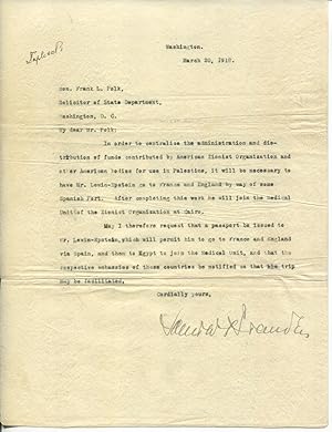 1918 Supreme Court Justice Louis Brandeis Writes About American Zionist Funds for Palestine