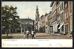 Ansichtskarte Middelburg, Westzijde v.d. Dam, Strassenpartie mit Blick zur Kirche