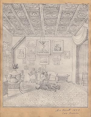 (Biedermeier Interieur) - Wohnzimmer mit Mutter und Kinder / Living room scene with mother and ch...