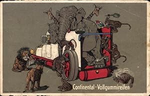 Ansichtskarte / Postkarte Continental Vollgummireifen, Automobil, Elefant, Löwen, Giraffen, Affen