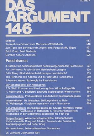 Bild des Verkufers fr Das Argument. Zeitschrift fr Philosophie und Sozialwissenschaften. Nr. 146., Faschismus zum Verkauf von Schrmann und Kiewning GbR