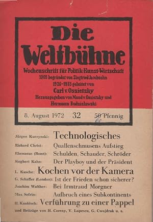 Bild des Verkufers fr Die Weltbhne. Wochenschrift fr Politik / Kunst / Wirtschaft. Heft 32 - [u.a.] Jrgen Kuczynski : Technologisches zum Verkauf von Schrmann und Kiewning GbR