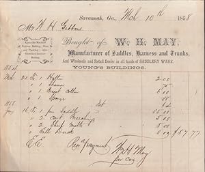 1858 Receipt from W. H. May, Manufacturer of Saddles, Harness and Trunks, And Wholesale and Retai...