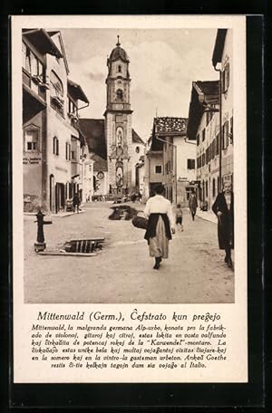 Ansichtskarte Mittenwald, Ortsansicht mit Strassenleben, Esperanto Text, Ganzsache