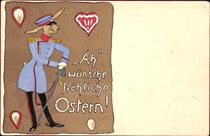 Präge Ansichtskarte / Postkarte Glückwunsch Ostern, Osterhase in Uniform, Säbel, Lebkuchen