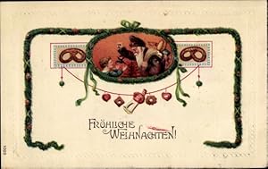 Präge Ansichtskarte / Postkarte Glückwunsch Weihnachten, Weihnachtsmann, Kind, Geschenk, Brezel