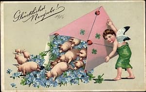 Ansichtskarte / Postkarte Glückwunsch Neujahr, Engel, Briefumschlag, Schweine, Vergissmeinnicht