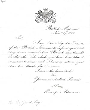 Image du vendeur pour [Sir Anthony Panizzi [Antonio Genesio Maria Panizzi], Principal Librarian at the British Museum, London.] Autograph Signature to ornate printed copperplate receipt, completed to acknowledge a  Present  by Bernard Piffard of Nova Scotia specimens. mis en vente par Richard M. Ford Ltd