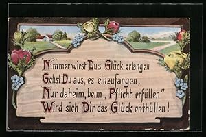Bild des Verkufers fr Holzbrand-Imitations-Ansichtskarte Nimmer wirst Du`s Glck erlangen, Weg zum Haus in sommerlicher Landschaft zum Verkauf von Bartko-Reher