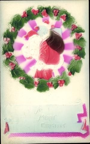 Präge Ansichtskarte / Postkarte Glückwunsch Weihnachten, Weihnachtsmann, Stechpalme, Sack mit Ges...