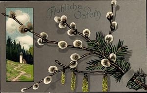 Präge Ansichtskarte / Postkarte Glückwunsch Ostern, Weidenkätzchen, Kirchturm