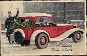 Bild des Verkufers fr Ansichtskarte / Postkarte Glckwunsch Neujahr, Rotes Auto, Glcksklee, Polizist zum Verkauf von akpool GmbH
