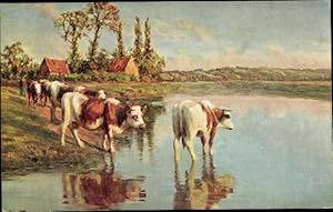 Künstler Ansichtskarte / Postkarte Planquette, Ufer der Selune, Kühe, Fluss, Wohnhäuser