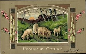 Präge Ansichtskarte / Postkarte Glückwunsch Ostern, Lämmer, Birken, Blumen