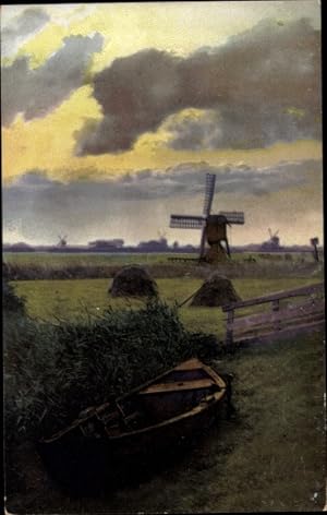 Ansichtskarte / Postkarte Windmühle, Wiese, Heu, Ruderboot - Nenke und Ostermaier 1414