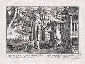 Bild des Verkufers fr "Anglus erat patria Ethbinus; sed pulsus, Hybernes." - Saint Ethbinus / Einsiedler hermit ermite / ermites hermits / Saint Ethbinus, an early Christian recluse of English origin, sought solace in Ireland subsequent to the devastation of his monastery. In this portrayal, he warmly receives Christ in disguise, extending hospitality as He enters his humble wooden residence. zum Verkauf von Antiquariat Steffen Vlkel GmbH