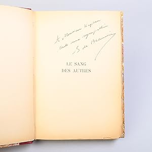 Bild des Verkufers fr Le Sang des autres. INSCRIBED TO KAPLAN zum Verkauf von Antikvariat Bryggen [ILAB, NABF]