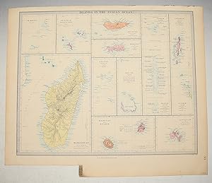 Image du vendeur pour Antique map of Islands of the Indian Ocean. Inset maps of Indian Ocean, Madagascar, Amirantes, Seychelles, Socotra, Rodrigue, Chagos, Keeling Isles, Mauritius, Bourbon, Reunion, Lakadives, Maldives, Kerguelen, Andaman Isles, Nicobar Islands. mis en vente par PROCTOR / THE ANTIQUE MAP & BOOKSHOP