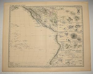 Bild des Verkufers fr Antique Map of Der Grosse Ocean. MAP Pacific Ocean North & South American Pacific Islands GERMAN TEXT. Hand Atlas Uber Alle Theile Der Erde Und Uber Das Weltgebaude. Herausgegeben Von Adolf Stieler. Gotha Justus Perthes. zum Verkauf von PROCTOR / THE ANTIQUE MAP & BOOKSHOP