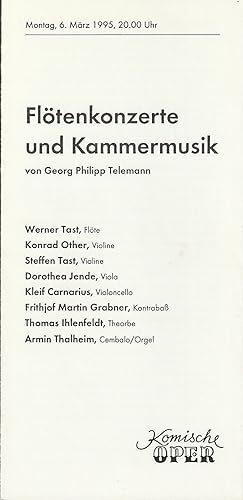 Bild des Verkufers fr Programmheft FLTENKONZERTE UND KAMMERMUSIK von Georg Philipp Telemann 6. Mrz 1995 Komische Oper Spielzeit 1994 / 95 zum Verkauf von Programmhefte24 Schauspiel und Musiktheater der letzten 150 Jahre