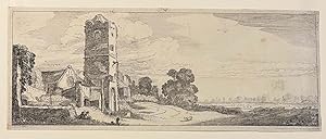 Antique print, etching | Square tower and a church, published 1615, 1 p.