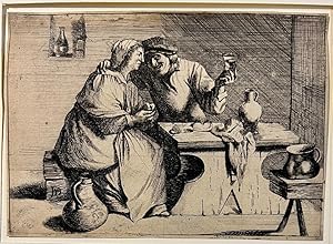 Antique print, etching | Couple drinking at a table, published ca. 1750, 1 p.