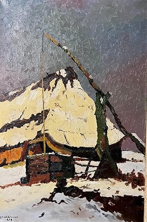 Painting Dutch Farm 1939 | Schilderij van boerderij in winterlandschap door J.P. Akkerman, 1 p.